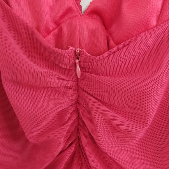 Size L Fashion Nova Red Ruched Spaghetti Strap Dress V Neck Hidden Back Zipper - Picture 3 of 9